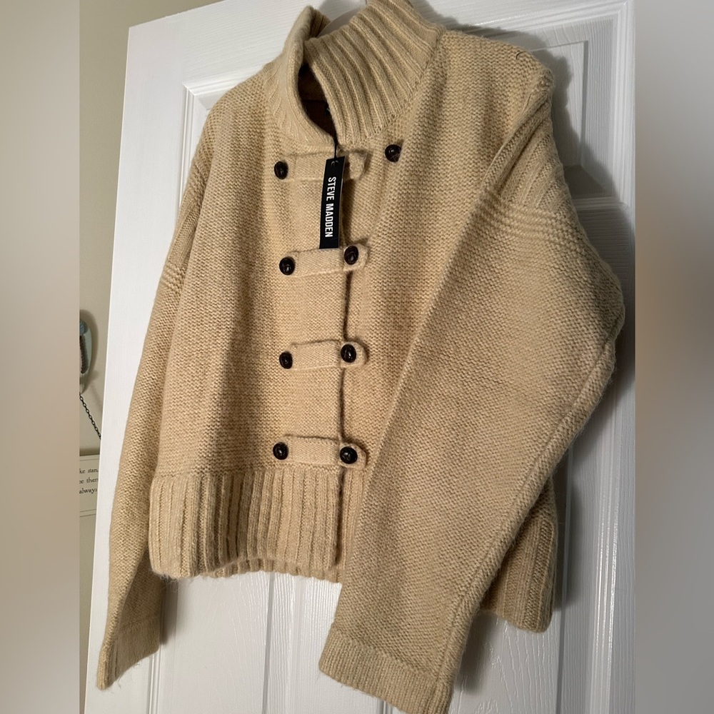 Steve Madden beige toggle faux leather button front sweater.
